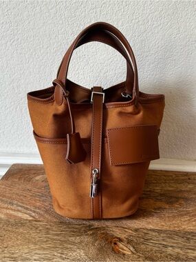 Gold Tan Brown Canvas Toile Pocket Cargo Basket Bag